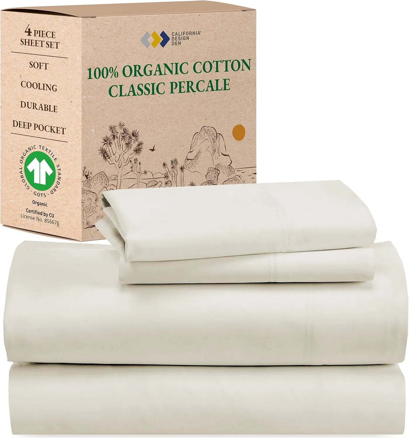 California Design Den Sheets Queen Size Bed Set - Soft 100% Organic Sheets with Deep Pockets, Crisp Percale, Breathable and Durable Bedding Set - Creamy Ivory