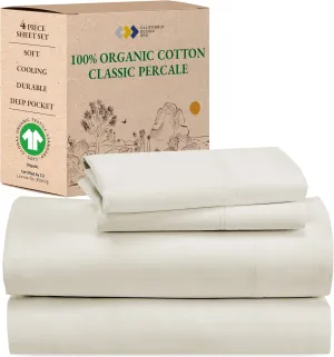 California Design Den Sheets Queen Size Bed Set - Soft 100% Organic Sheets with Deep Pockets, Crisp Percale, Breathable and Durable Bedding Set - Creamy Ivory