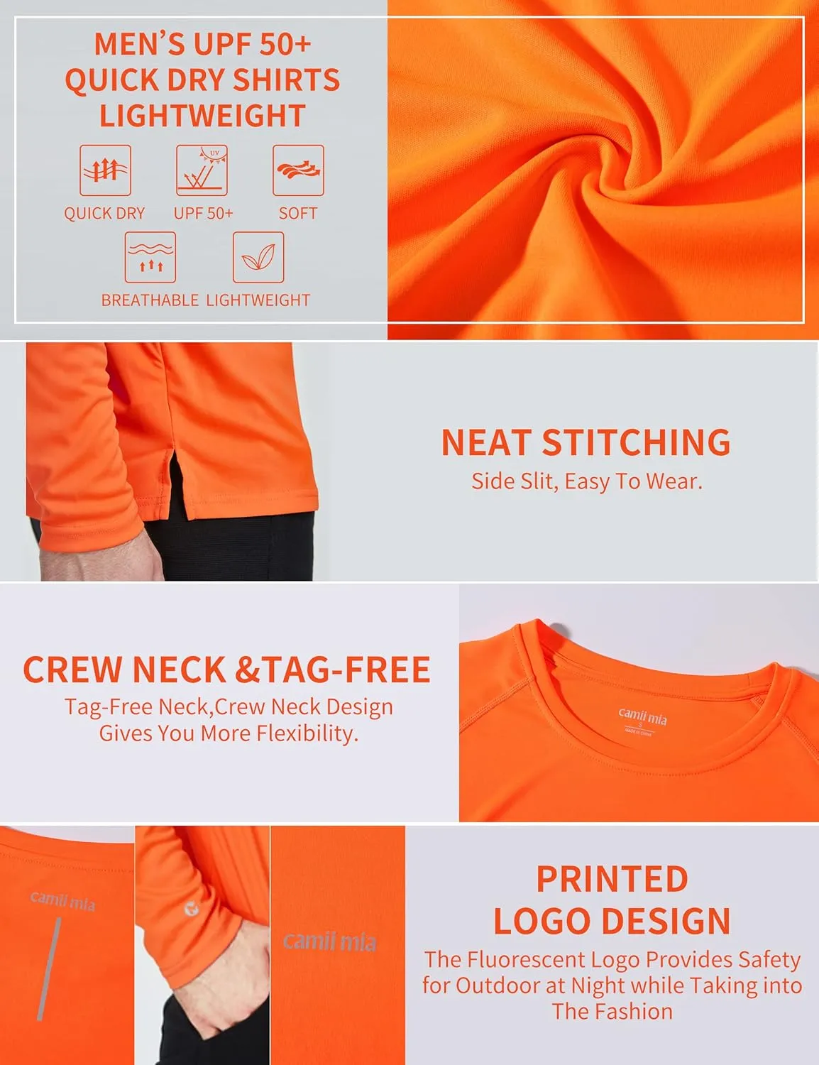 Camii Mia Mens Long Sleeve Sun Protection Shirts, Sun Shirts for Men UPF 50  SPF T-Shirts for Fishing, Running, Hiking
