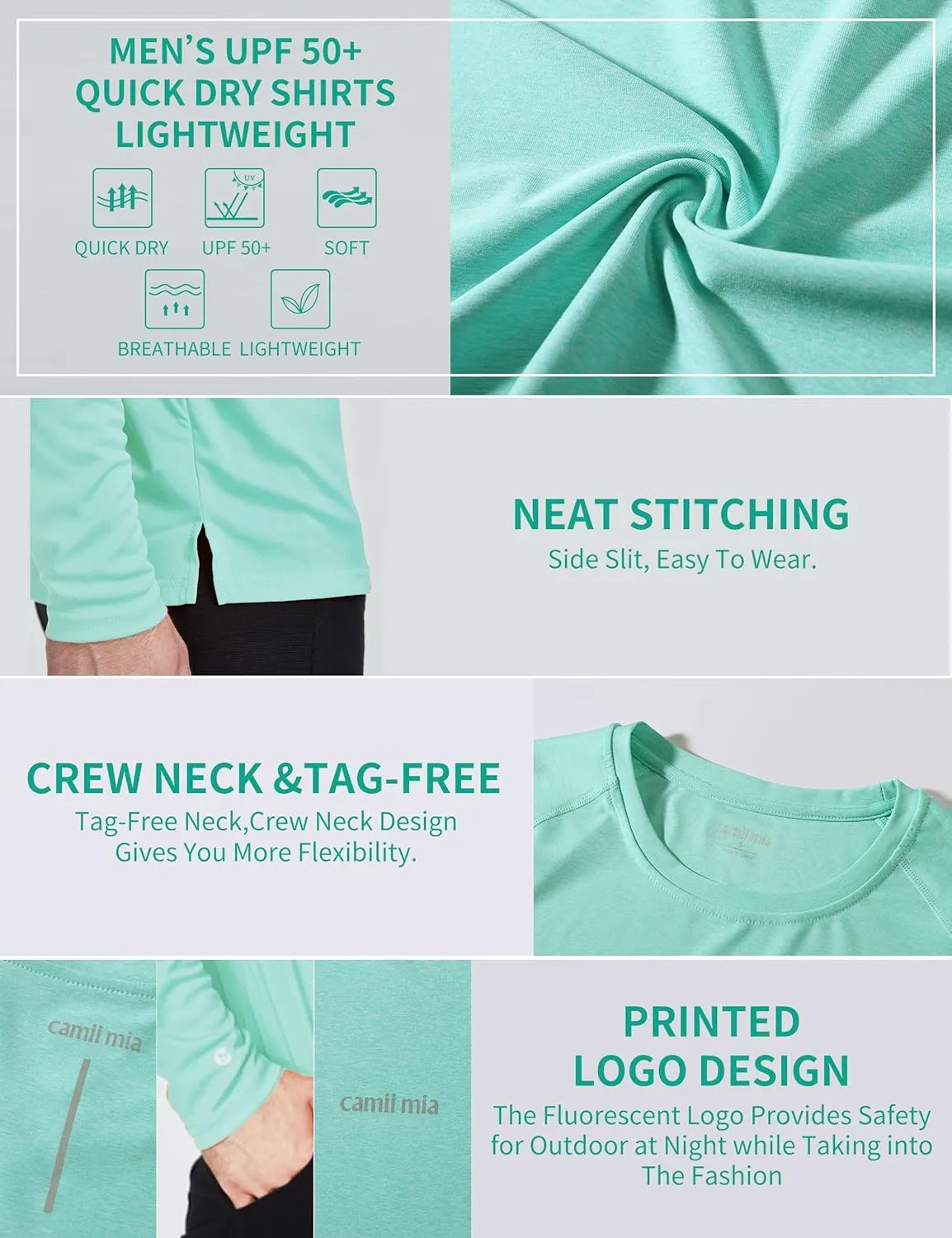 Camii Mia Mens Long Sleeve Sun Protection Shirts, Sun Shirts for Men UPF 50  SPF T-Shirts for Fishing, Running, Hiking