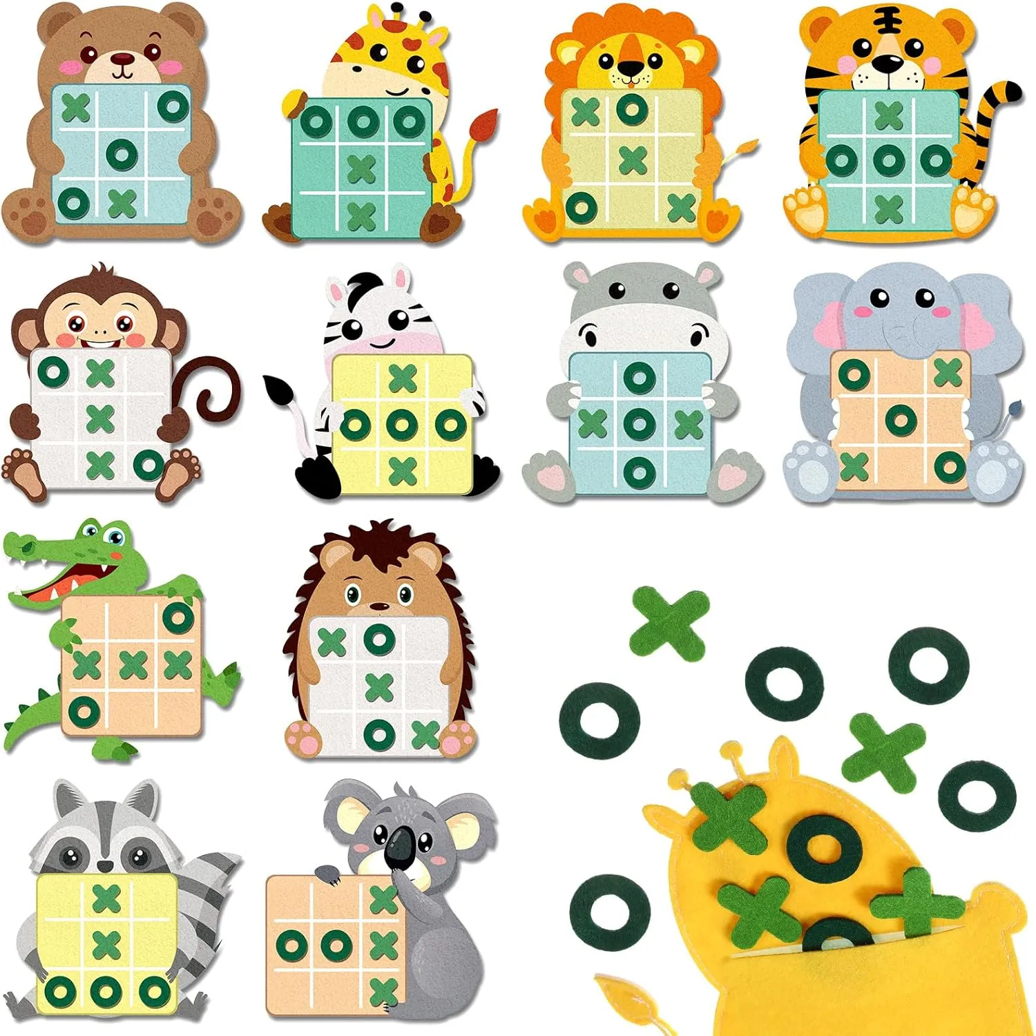 Capoda 24 Pack Jungle Animals Safari Theme Party Favors Tic Tac Toe Strategic Board Game Felt with Storage Bags Jungle Theme Goodie Bags Stuffers for Safari Animal Birthday Party Favor Classroom Prize