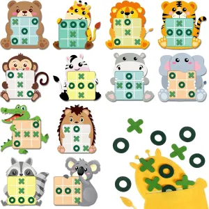 Capoda 24 Pack Jungle Animals Safari Theme Party Favors Tic Tac Toe Strategic Board Game Felt with Storage Bags Jungle Theme Goodie Bags Stuffers for Safari Animal Birthday Party Favor Classroom Prize