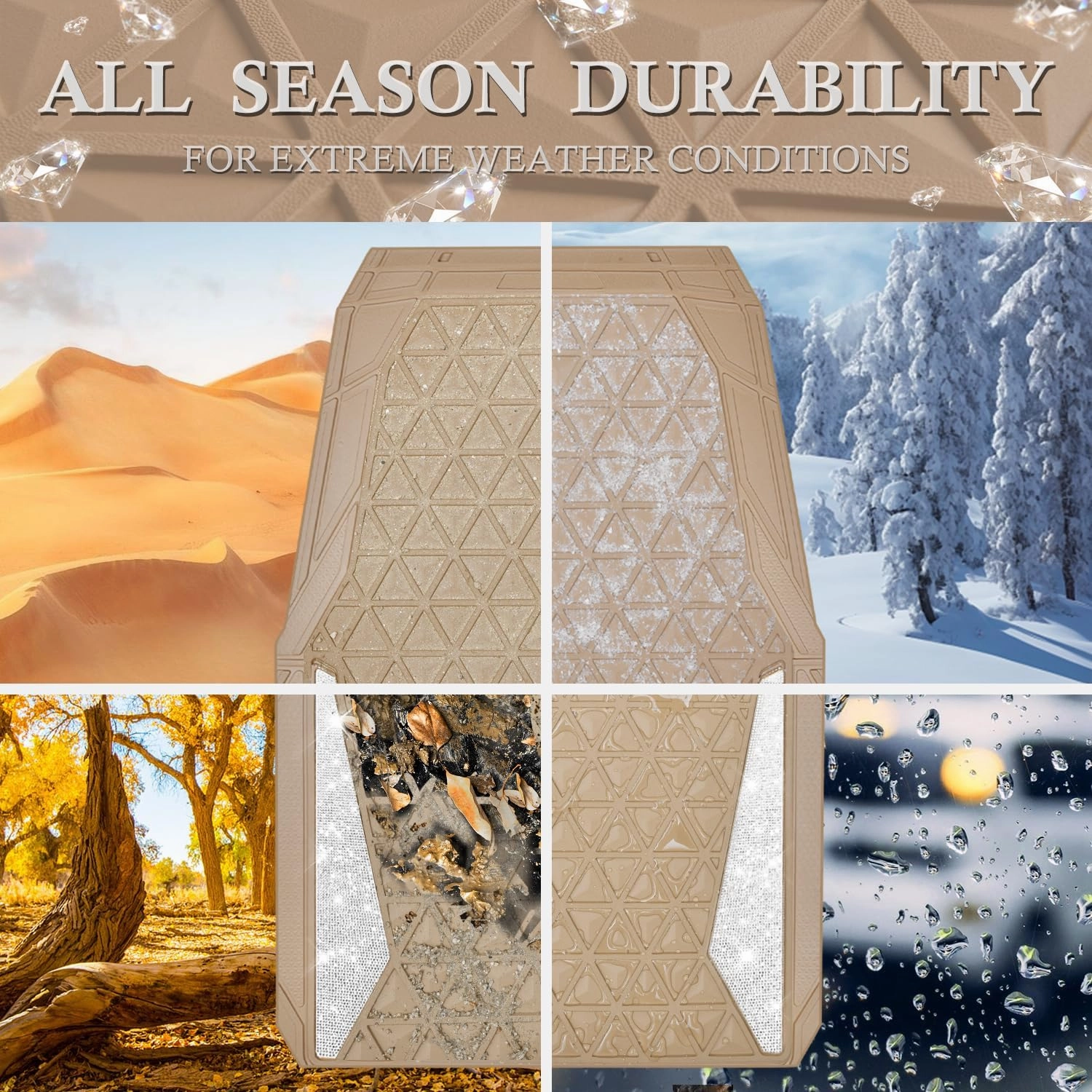 CAR PASS Bling Car Mats Diamond Rubber Floor Mats Full Set Anti-Slip 3D Rhombus Waterproof Trim to Fit Liner Universal Glitter Crystal Sparkly Shining Rhinestone Girl Women SUV Sedan Van, Beige Rubber