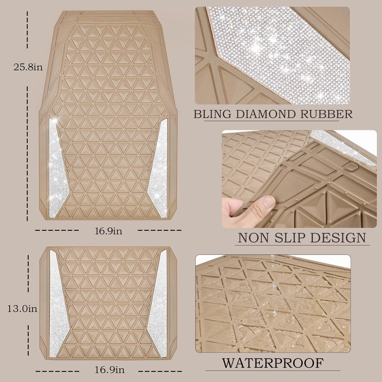 CAR PASS Bling Car Mats Diamond Rubber Floor Mats Full Set Anti-Slip 3D Rhombus Waterproof Trim to Fit Liner Universal Glitter Crystal Sparkly Shining Rhinestone Girl Women SUV Sedan Van, Beige Rubber