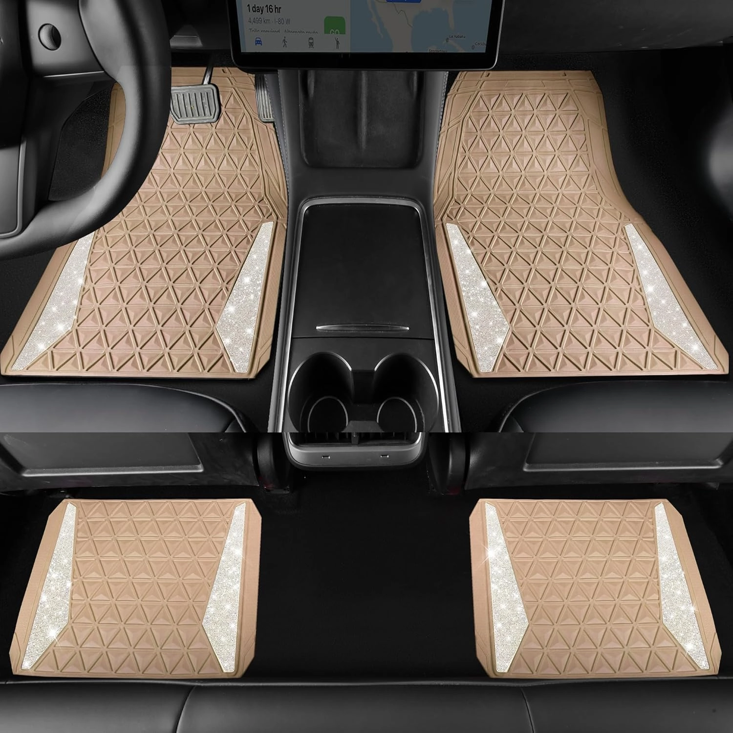 CAR PASS Bling Car Mats Diamond Rubber Floor Mats Full Set Anti-Slip 3D Rhombus Waterproof Trim to Fit Liner Universal Glitter Crystal Sparkly Shining Rhinestone Girl Women SUV Sedan Van, Beige Rubber