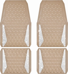 CAR PASS Bling Car Mats Diamond Rubber Floor Mats Full Set Anti-Slip 3D Rhombus Waterproof Trim to Fit Liner Universal Glitter Crystal Sparkly Shining Rhinestone Girl Women SUV Sedan Van, Beige Rubber