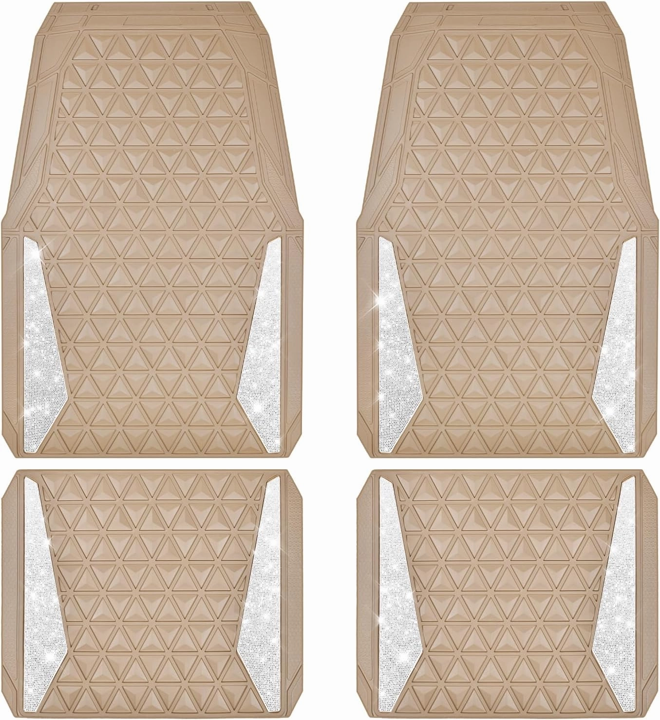 CAR PASS Bling Car Mats Diamond Rubber Floor Mats Full Set Anti-Slip 3D Rhombus Waterproof Trim to Fit Liner Universal Glitter Crystal Sparkly Shining Rhinestone Girl Women SUV Sedan Van, Beige Rubber
