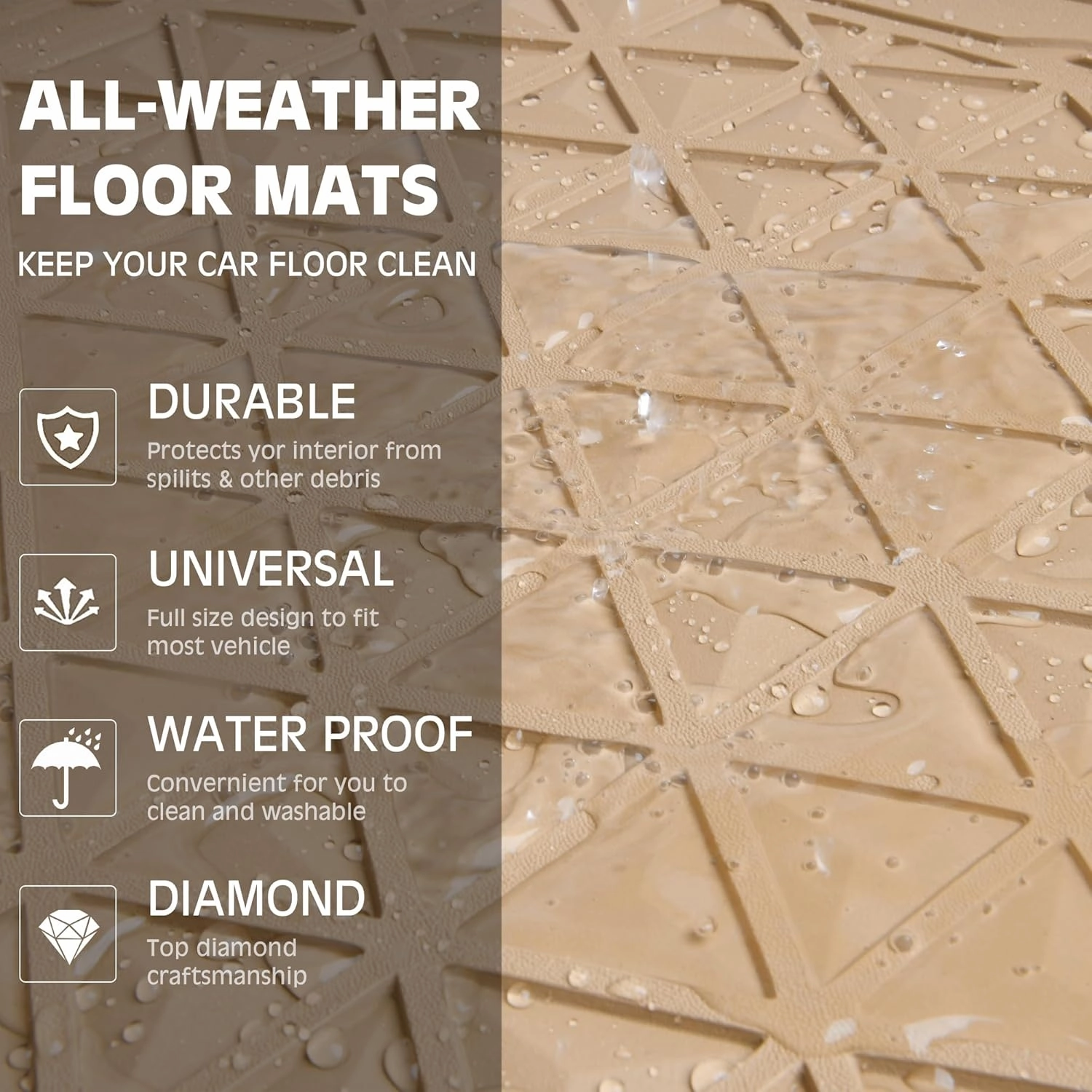 CAR PASS Bling Car Mats Diamond Rubber Floor Mats Full Set Anti-Slip 3D Rhombus Waterproof Trim to Fit Liner Universal Glitter Crystal Sparkly Shining Rhinestone Girl Women SUV Sedan Van, Beige Rubber