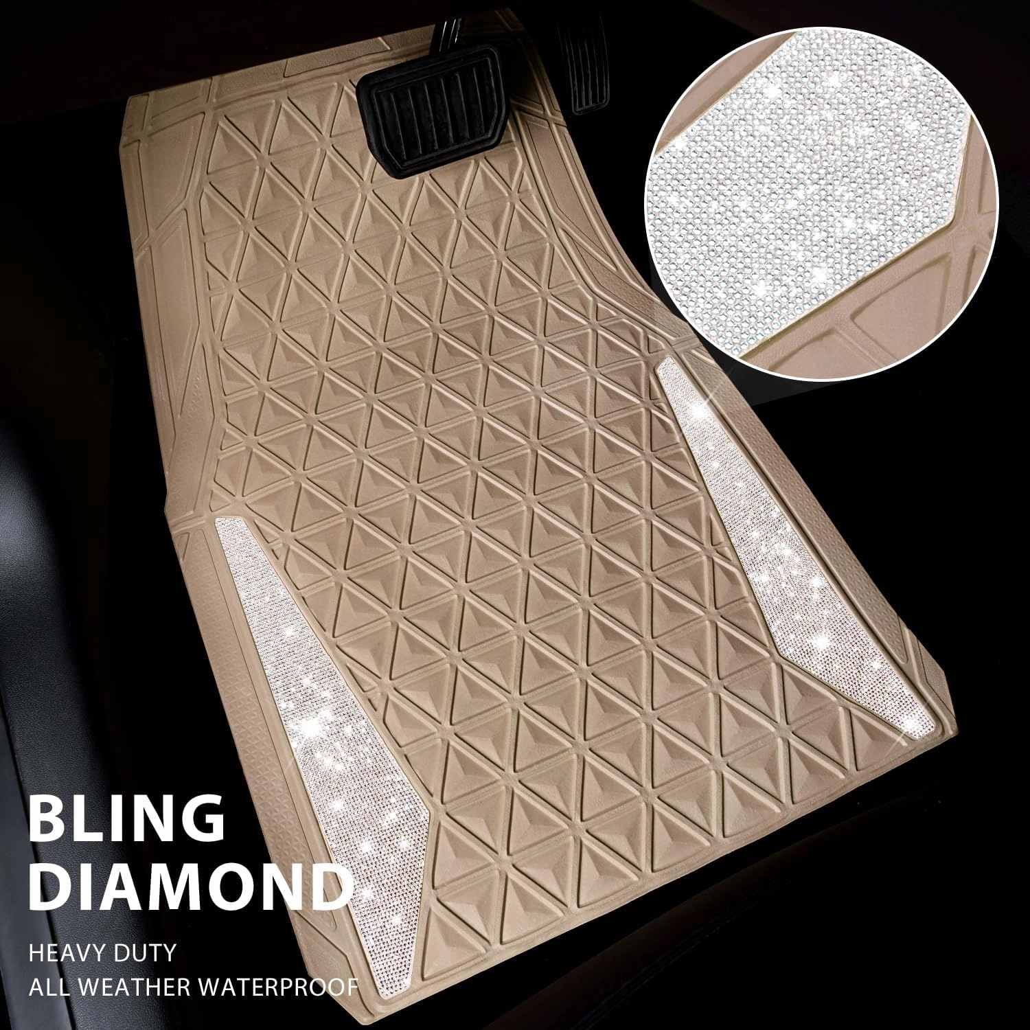 CAR PASS Bling Car Mats Diamond Rubber Floor Mats Full Set Anti-Slip 3D Rhombus Waterproof Trim to Fit Liner Universal Glitter Crystal Sparkly Shining Rhinestone Girl Women SUV Sedan Van, Beige Rubber