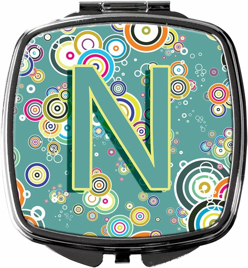 Caroline's Treasures CJ2015-NSCM Letter N Circle Circle Teal Initial Alphabet Compact Mirror Decorative Travel Makeup Mirror for Women Girls Gifts Pocket Makeup Mirror Folding Handheld