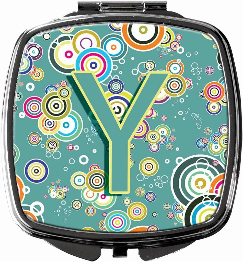 Caroline's Treasures CJ2015-YSCM Letter Y Circle Circle Teal Initial Alphabet Compact Mirror Decorative Travel Makeup Mirror for Women Girls Gifts Pocket Makeup Mirror Folding Handheld