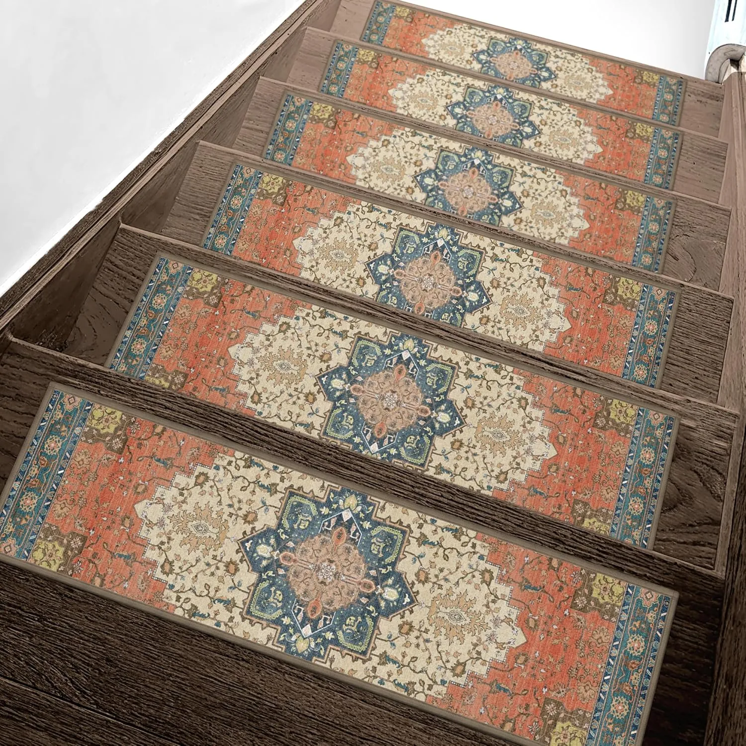 Carpet Stair Treads Non Slip 15PCS, 8" X 30" Edging Stair Runner for Wooden Steps Indoor, Resistant Stair Rugs with Reusable TPE Adhesive Backing, Residue Free Mat for Kids, Elders, Pets, Red