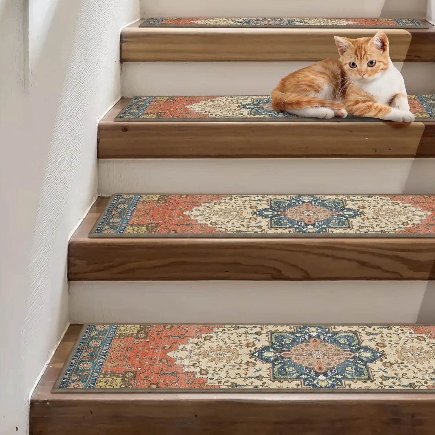 Carpet Stair Treads Non Slip 15PCS, 8" X 30" Edging Stair Runner for Wooden Steps Indoor, Resistant Stair Rugs with Reusable TPE Adhesive Backing, Residue Free Mat for Kids, Elders, Pets, Red