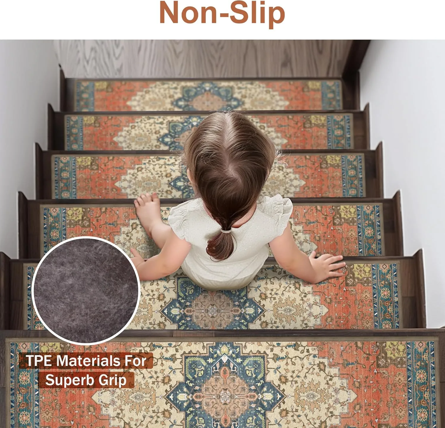 Carpet Stair Treads Non Slip 15PCS, 8" X 30" Edging Stair Runner for Wooden Steps Indoor, Resistant Stair Rugs with Reusable TPE Adhesive Backing, Residue Free Mat for Kids, Elders, Pets, Red