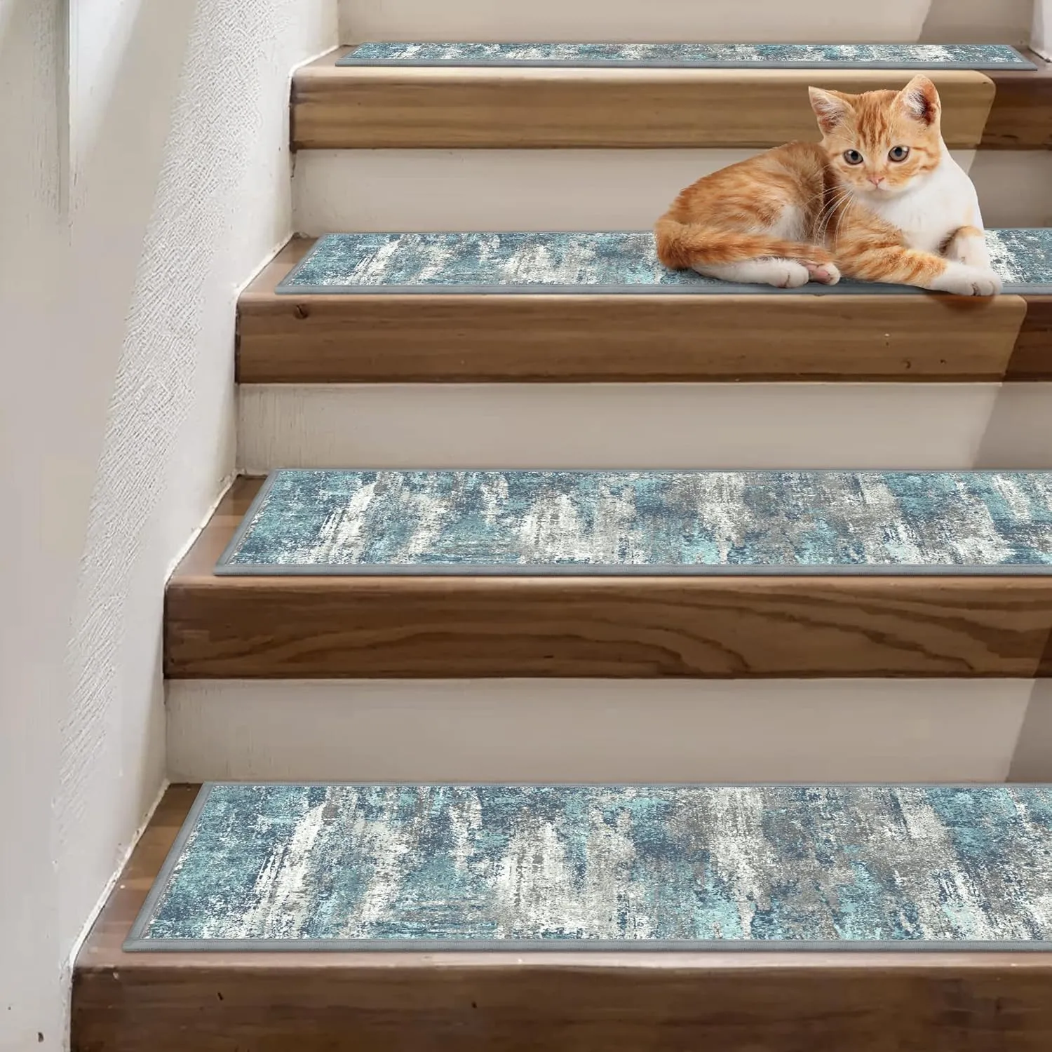 Carpet Stair Treads Non Slip 15PCS, 8" X 30" Edging Stair Runner for Wooden Steps Indoor, Resistant Stair Rugs with Reusable TPE Adhesive Backing, Residue Free Mat for Kids, Elders, Pets, Teal