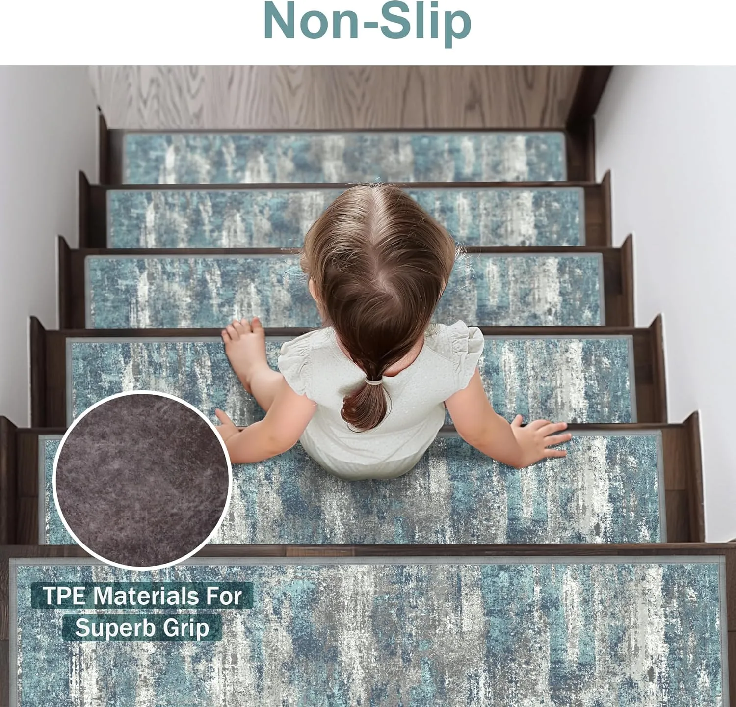 Carpet Stair Treads Non Slip 15PCS, 8" X 30" Edging Stair Runner for Wooden Steps Indoor, Resistant Stair Rugs with Reusable TPE Adhesive Backing, Residue Free Mat for Kids, Elders, Pets, Teal