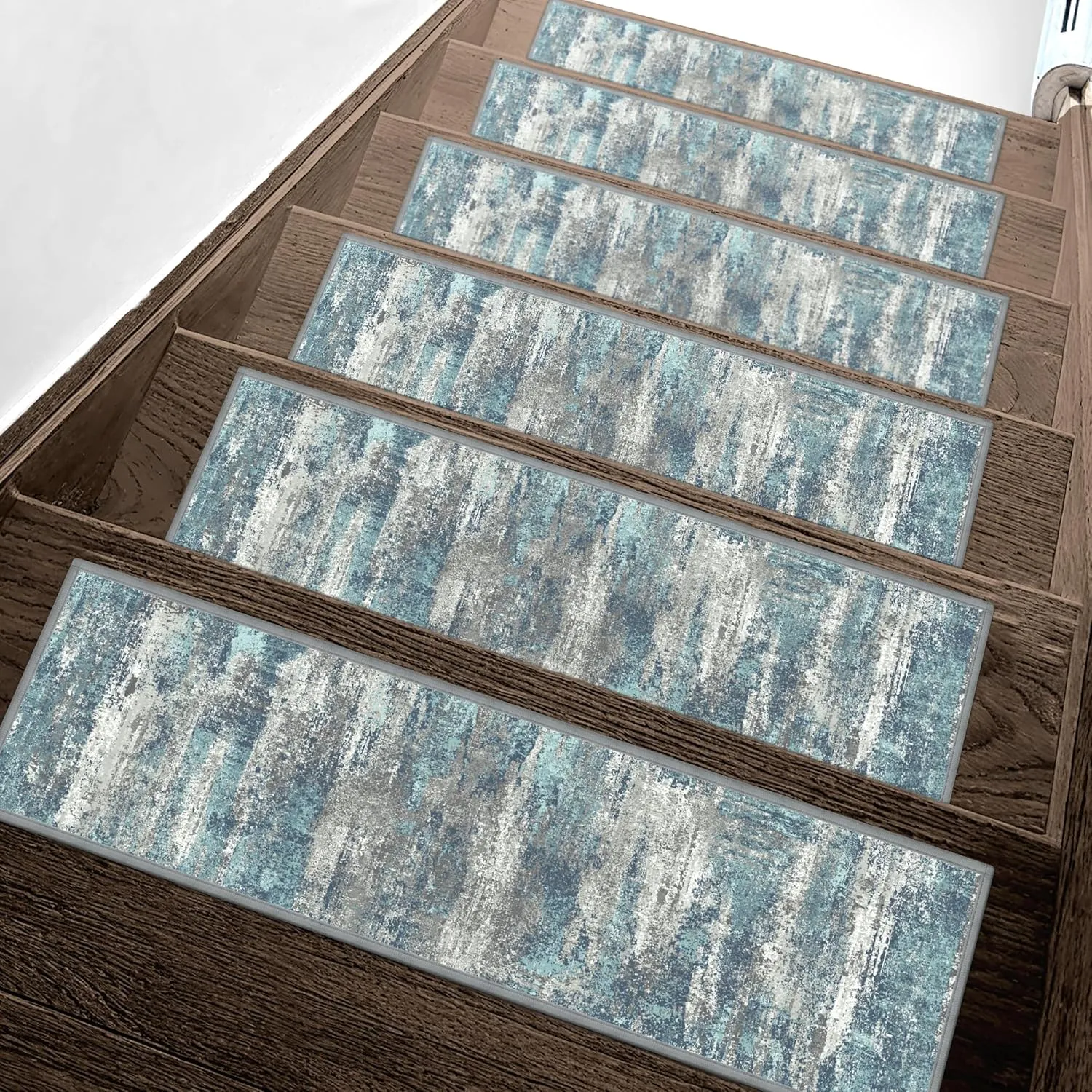 Carpet Stair Treads Non Slip 15PCS, 8" X 30" Edging Stair Runner for Wooden Steps Indoor, Resistant Stair Rugs with Reusable TPE Adhesive Backing, Residue Free Mat for Kids, Elders, Pets, Teal