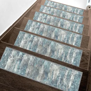 Carpet Stair Treads Non Slip 15PCS, 8" X 30" Edging Stair Runner for Wooden Steps Indoor, Resistant Stair Rugs with Reusable TPE Adhesive Backing, Residue Free Mat for Kids, Elders, Pets, Teal