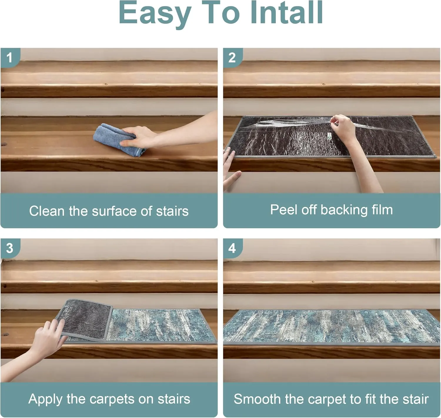 Carpet Stair Treads Non Slip 15PCS, 8" X 30" Edging Stair Runner for Wooden Steps Indoor, Resistant Stair Rugs with Reusable TPE Adhesive Backing, Residue Free Mat for Kids, Elders, Pets, Teal