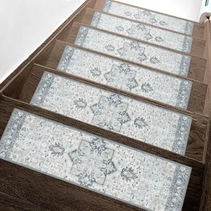 Carpet Stair Treads Non Slip 4PCS, 8" X 30" Edging Stair Runner for Wooden Steps Indoor, Resistant Stair Rugs with Reusable TPE Adhesive Backing, Residue Free Mat for Kids, Elders, Pets, Blue