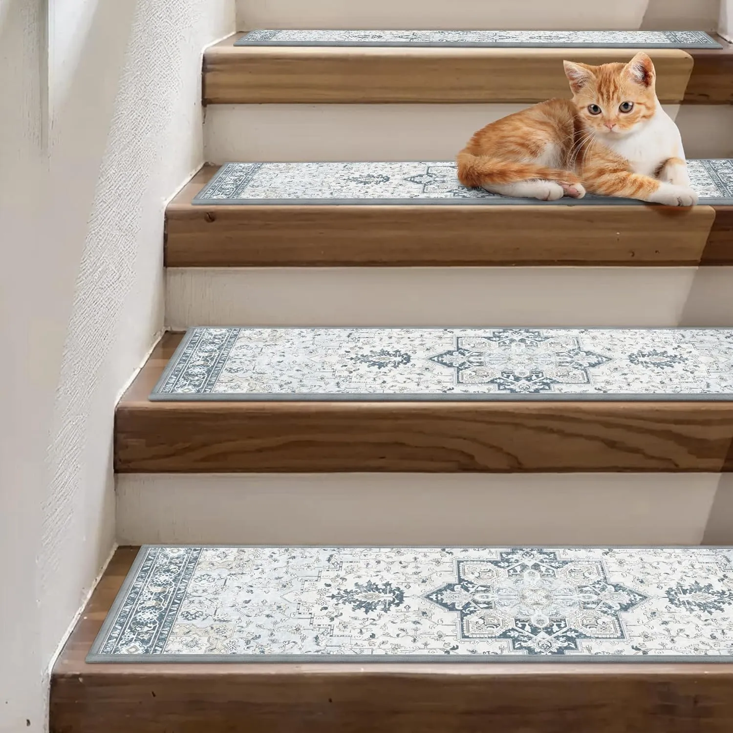 Carpet Stair Treads Non Slip 4PCS, 8" X 30" Edging Stair Runner for Wooden Steps Indoor, Resistant Stair Rugs with Reusable TPE Adhesive Backing, Residue Free Mat for Kids, Elders, Pets, Blue