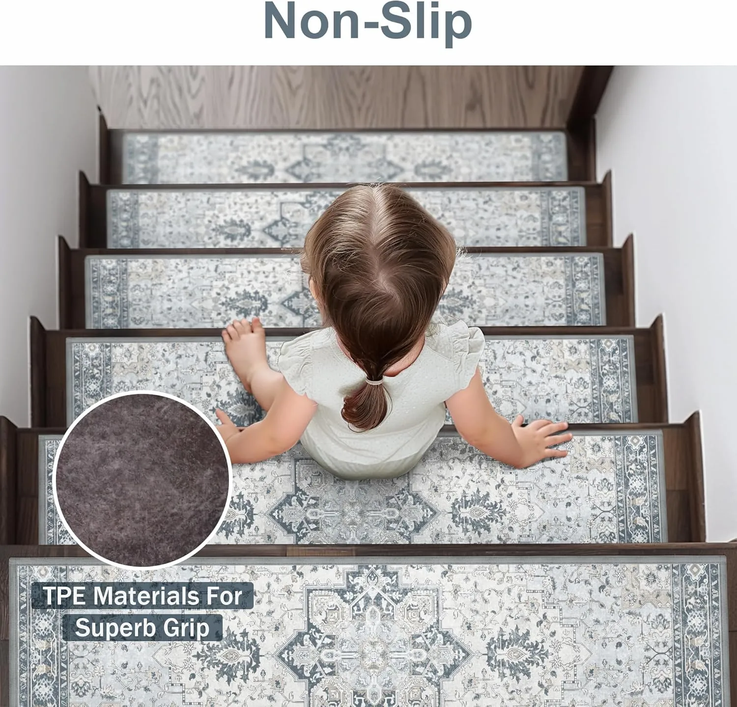 Carpet Stair Treads Non Slip 4PCS, 8" X 30" Edging Stair Runner for Wooden Steps Indoor, Resistant Stair Rugs with Reusable TPE Adhesive Backing, Residue Free Mat for Kids, Elders, Pets, Blue
