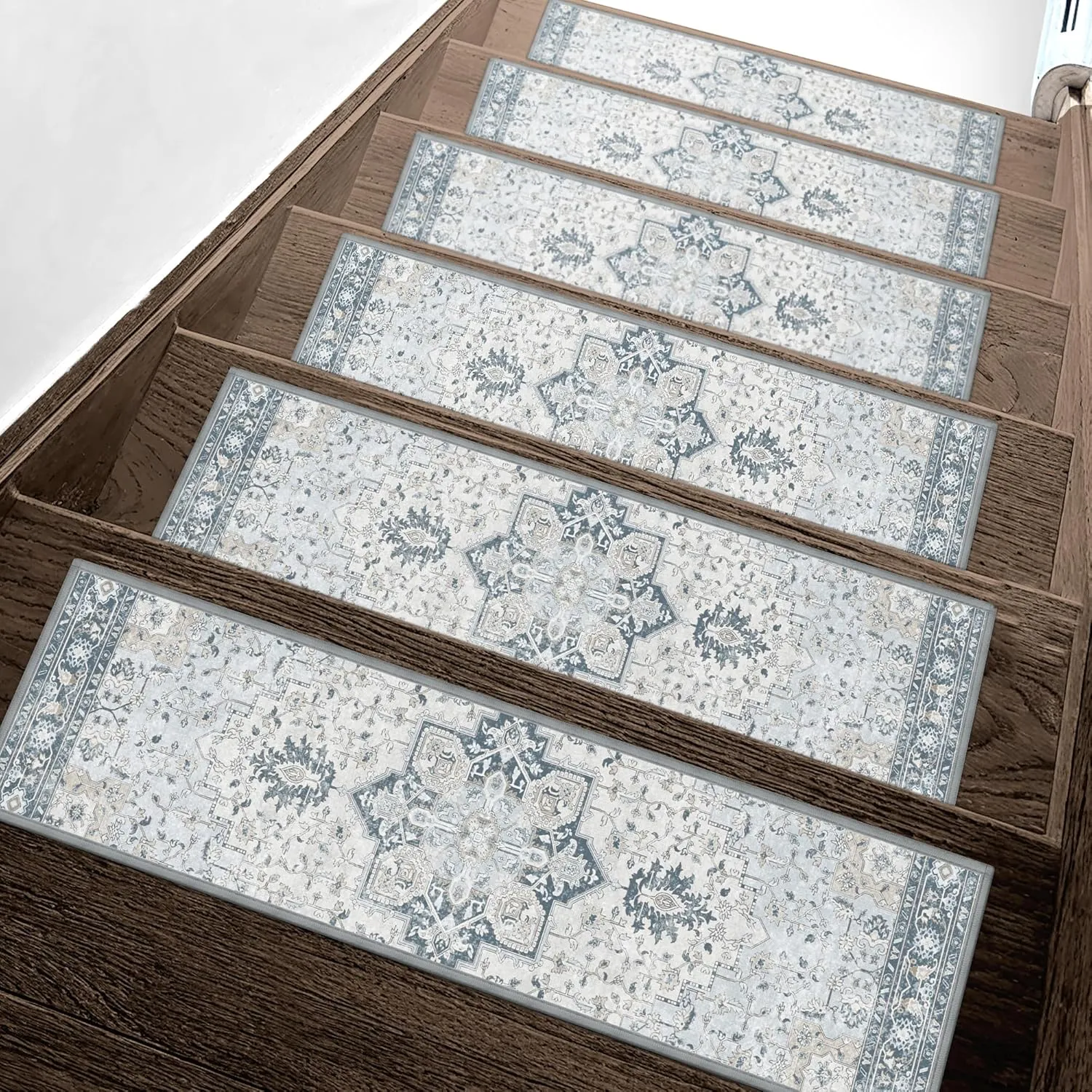 Carpet Stair Treads Non Slip 4PCS, 8" X 30" Edging Stair Runner for Wooden Steps Indoor, Resistant Stair Rugs with Reusable TPE Adhesive Backing, Residue Free Mat for Kids, Elders, Pets, Blue