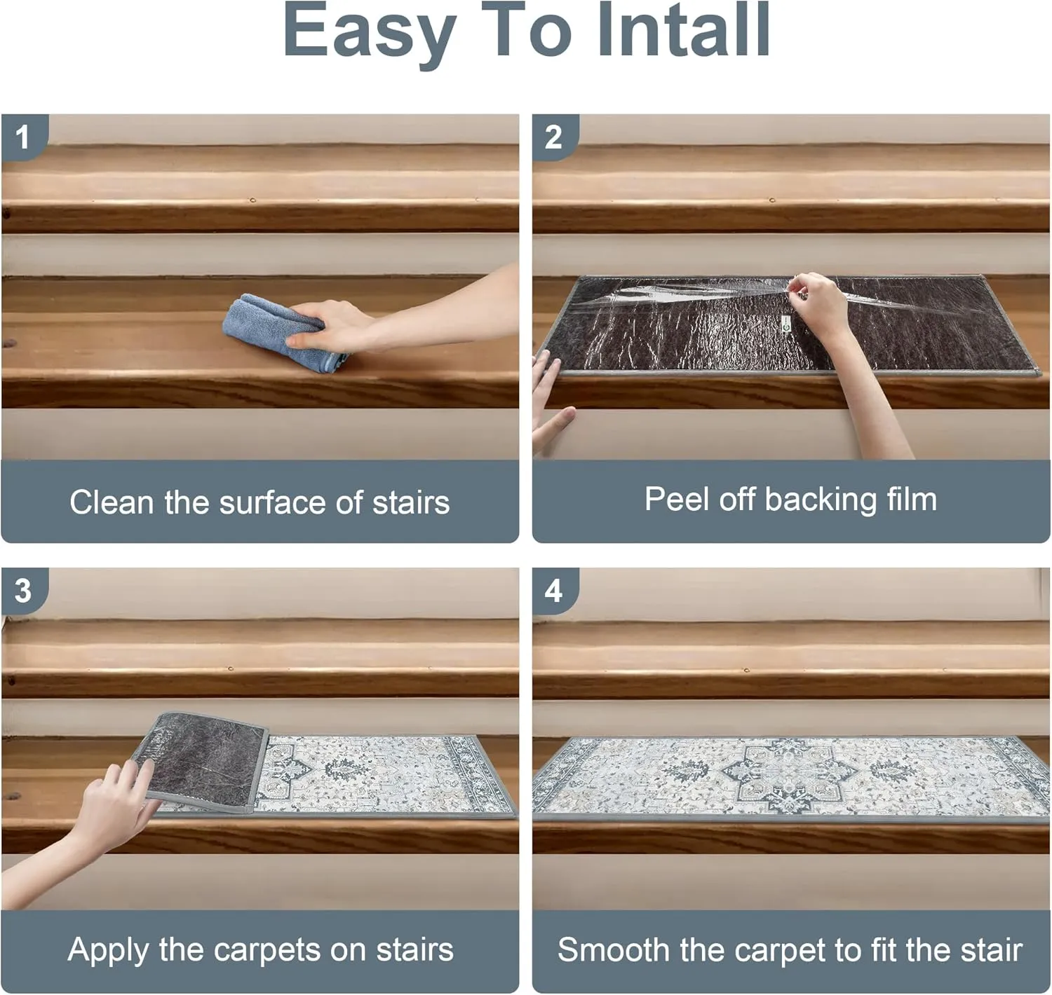 Carpet Stair Treads Non Slip 4PCS, 8" X 30" Edging Stair Runner for Wooden Steps Indoor, Resistant Stair Rugs with Reusable TPE Adhesive Backing, Residue Free Mat for Kids, Elders, Pets, Blue