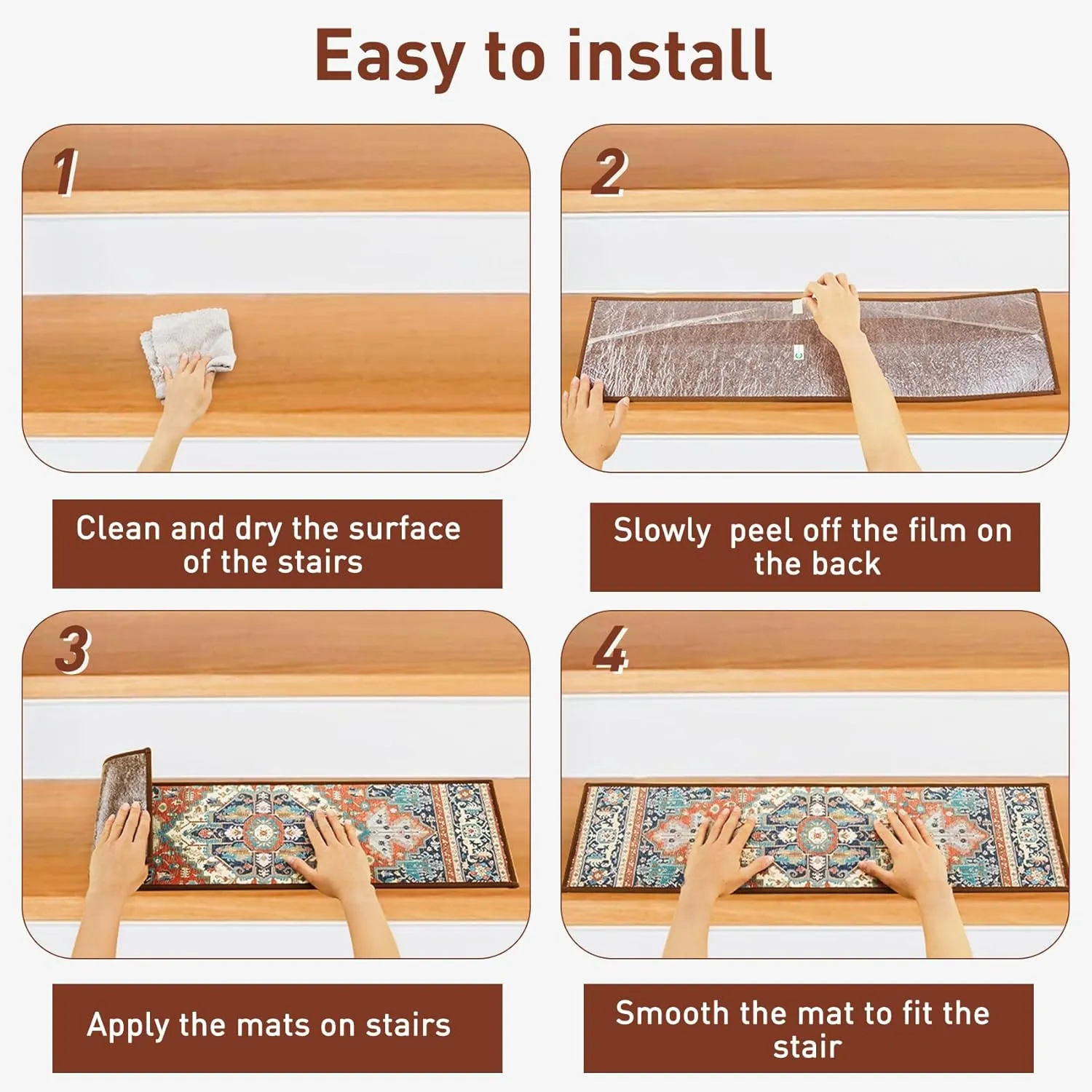 Carpet Stair Treads Non Slip for Wooden Steps, 30inch X 8inch Staircase Step Treads Indoor for Dogs, Reusable Stair Carpet Runner with TPR Adhesive, Oriental Carpet for Stairs
