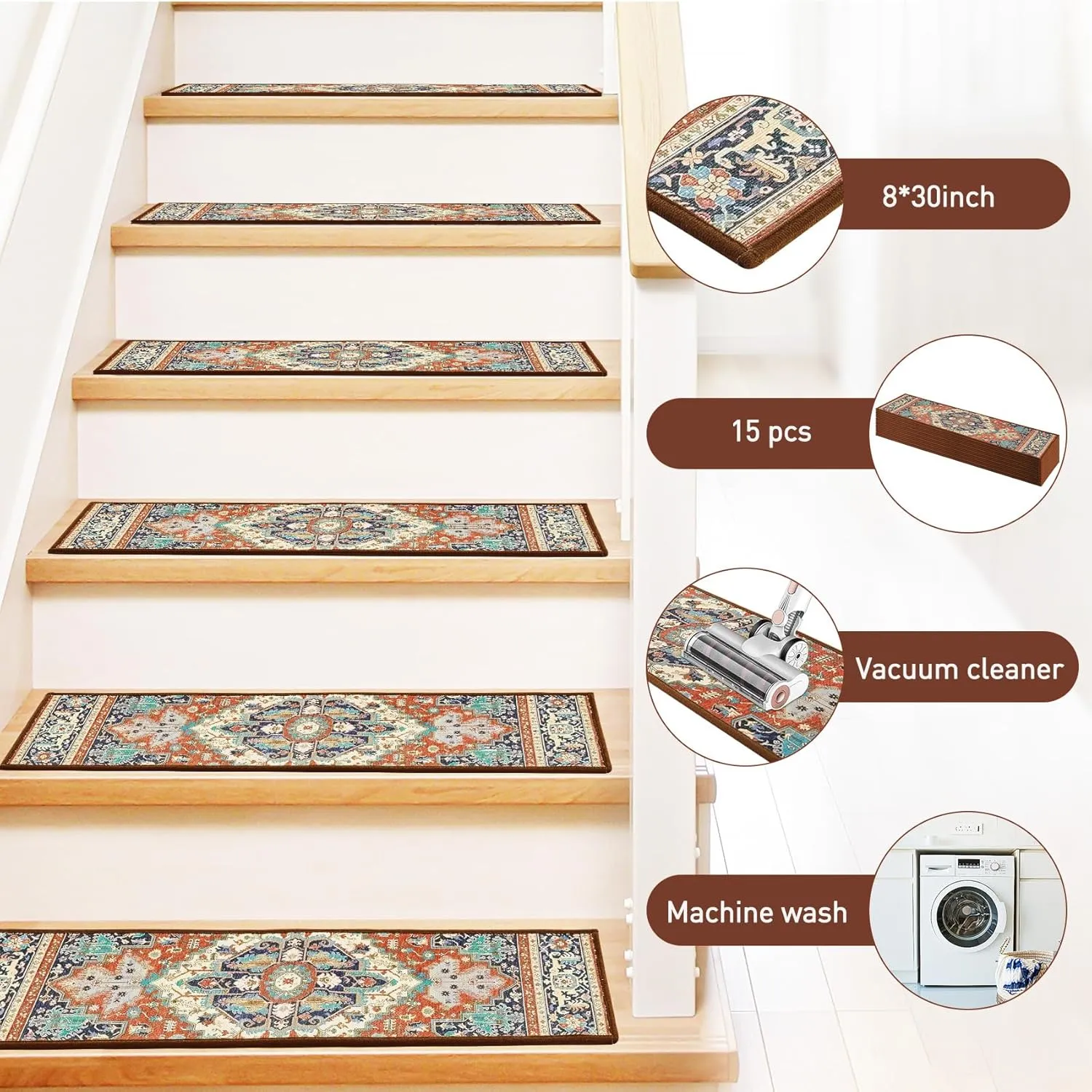 Carpet Stair Treads Non Slip for Wooden Steps, 30inch X 8inch Staircase Step Treads Indoor for Dogs, Reusable Stair Carpet Runner with TPR Adhesive, Oriental Carpet for Stairs
