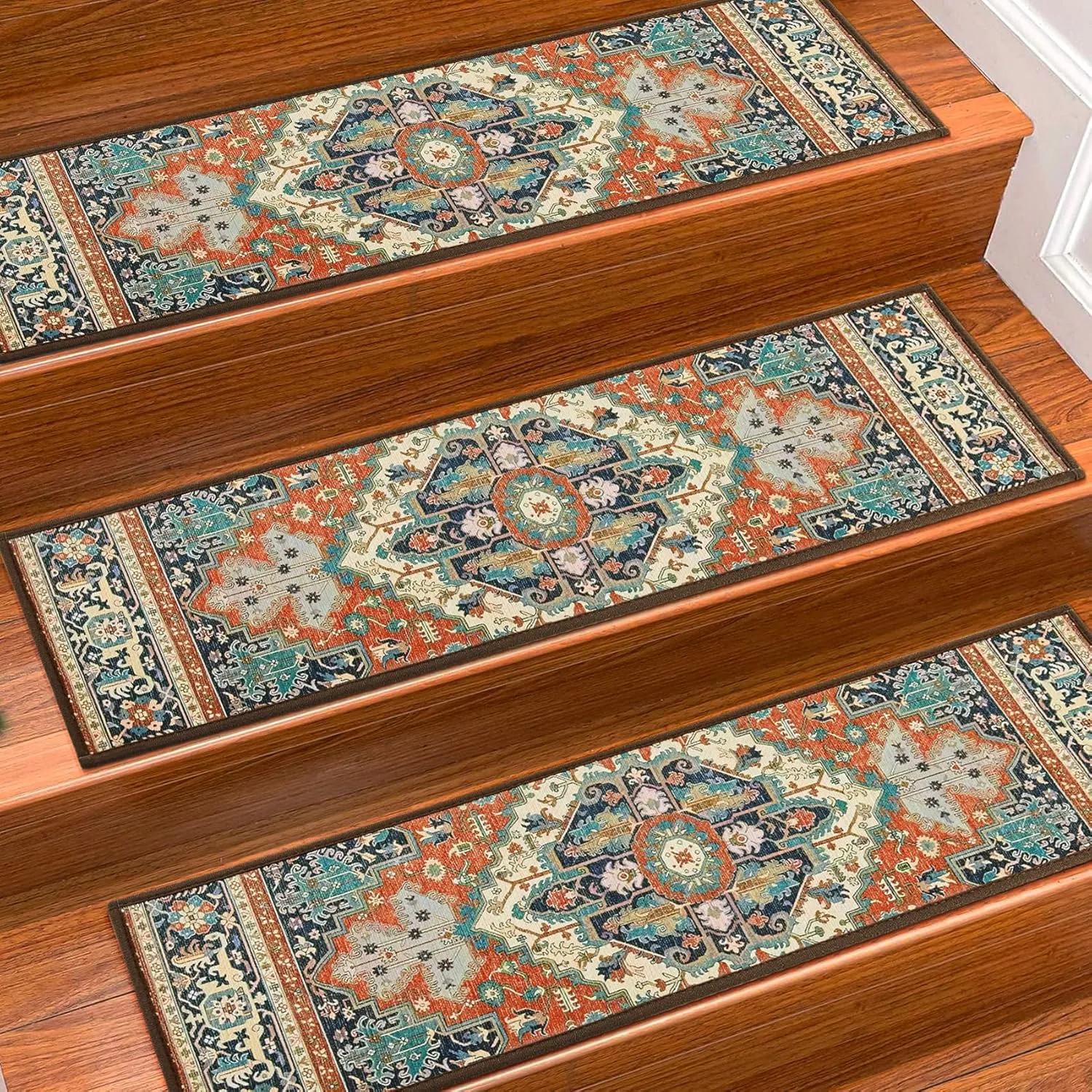 Carpet Stair Treads Non Slip for Wooden Steps, 30inch X 8inch Staircase Step Treads Indoor for Dogs, Reusable Stair Carpet Runner with TPR Adhesive, Oriental Carpet for Stairs
