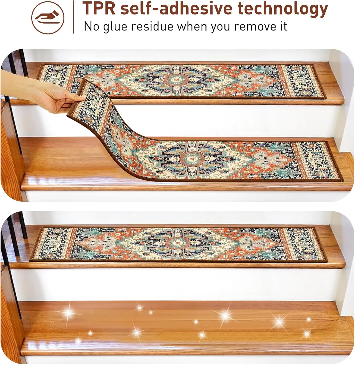 Carpet Stair Treads Non Slip for Wooden Steps, 30inch X 8inch Staircase Step Treads Indoor for Dogs, Reusable Stair Carpet Runner with TPR Adhesive, Oriental Carpet for Stairs