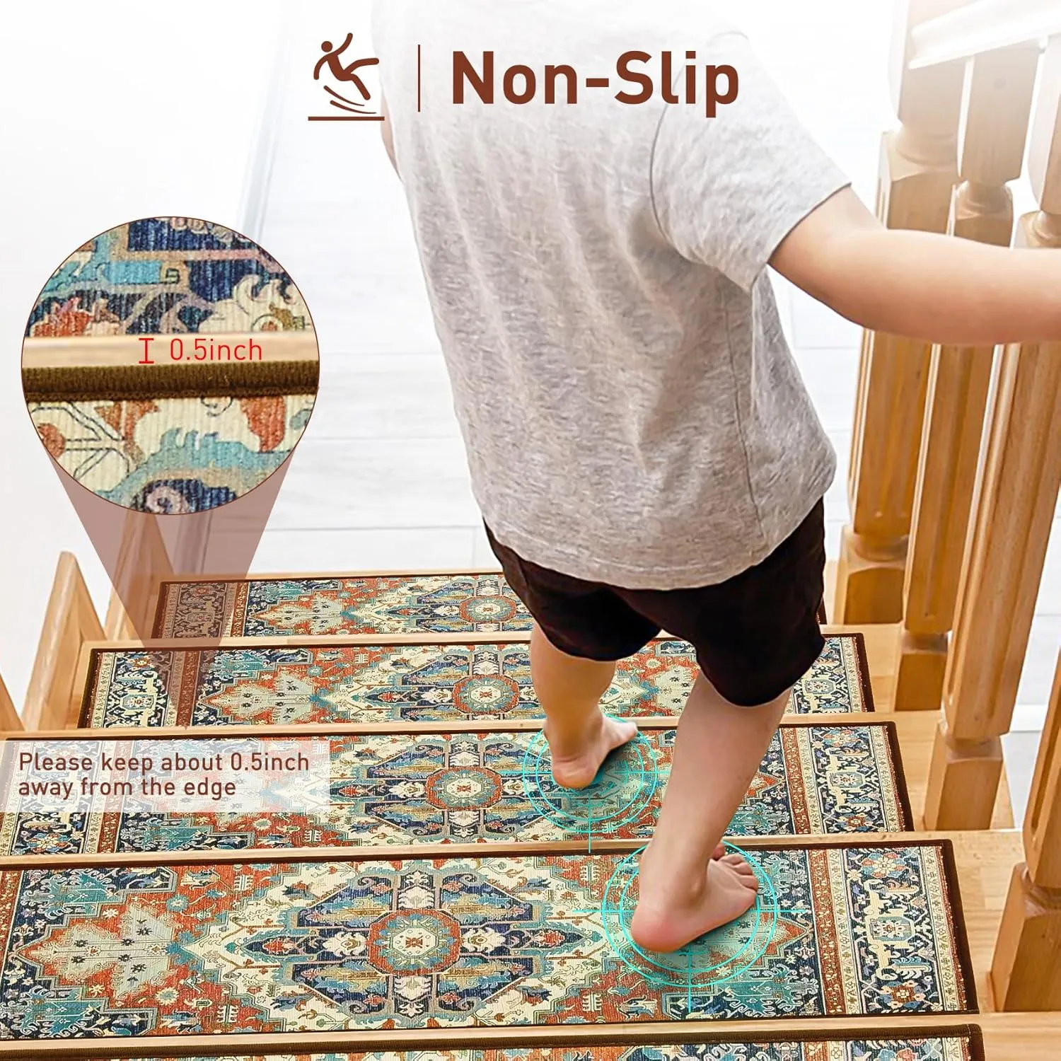 Carpet Stair Treads Non Slip for Wooden Steps, 30inch X 8inch Staircase Step Treads Indoor for Dogs, Reusable Stair Carpet Runner with TPR Adhesive, Oriental Carpet for Stairs