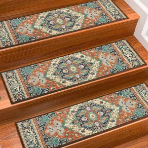 Carpet Stair Treads Non Slip for Wooden Steps, 30inch X 8inch Staircase Step Treads Indoor for Dogs, Reusable Stair Carpet Runner with TPR Adhesive, Oriental Carpet for Stairs