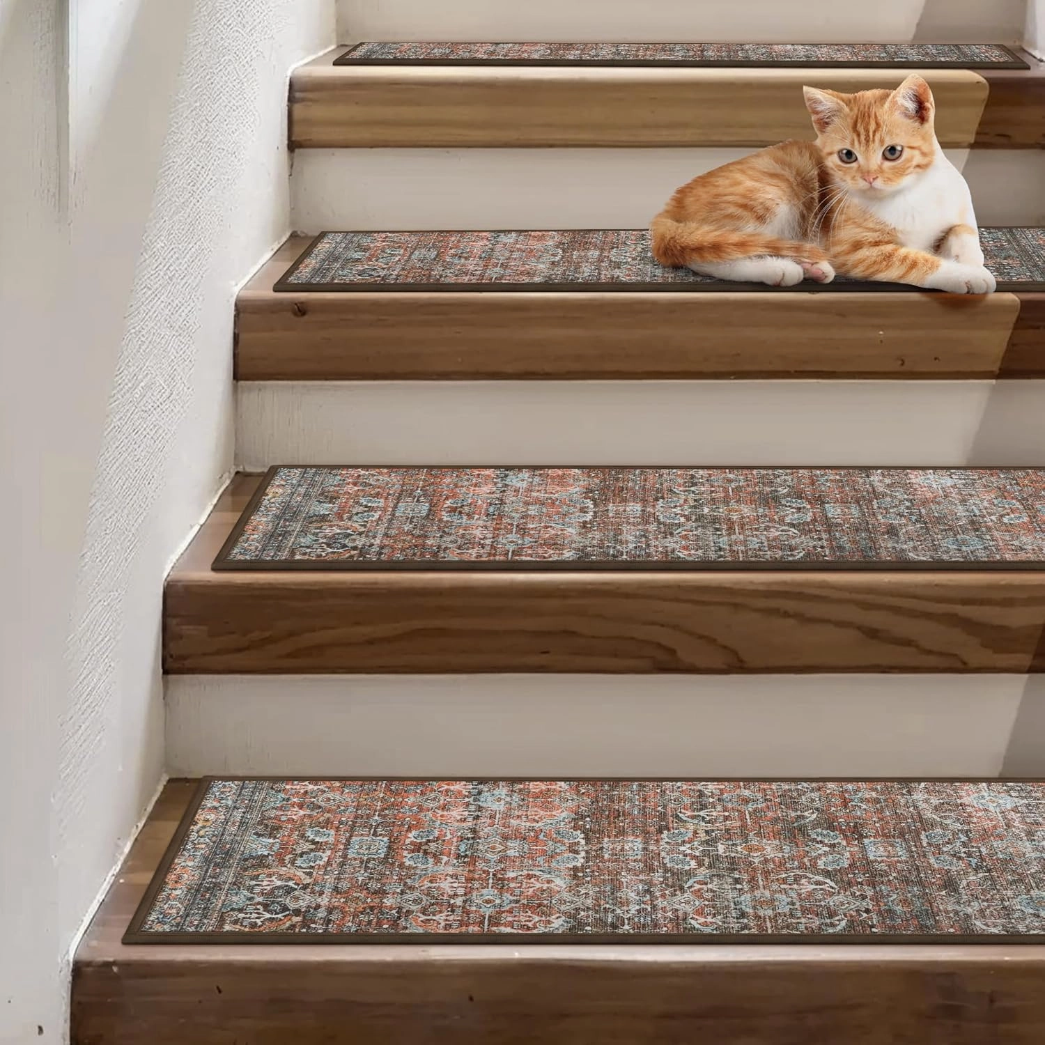 Carpet Stair Treads Non Slip 15PCS, 8" X 30" Edging Stair Runner for Wooden Steps Indoor, Resistant Stair Rug with Reusable TPE Adhesive Backing, Residue Free Mat for Elders, Pets, Terracotta