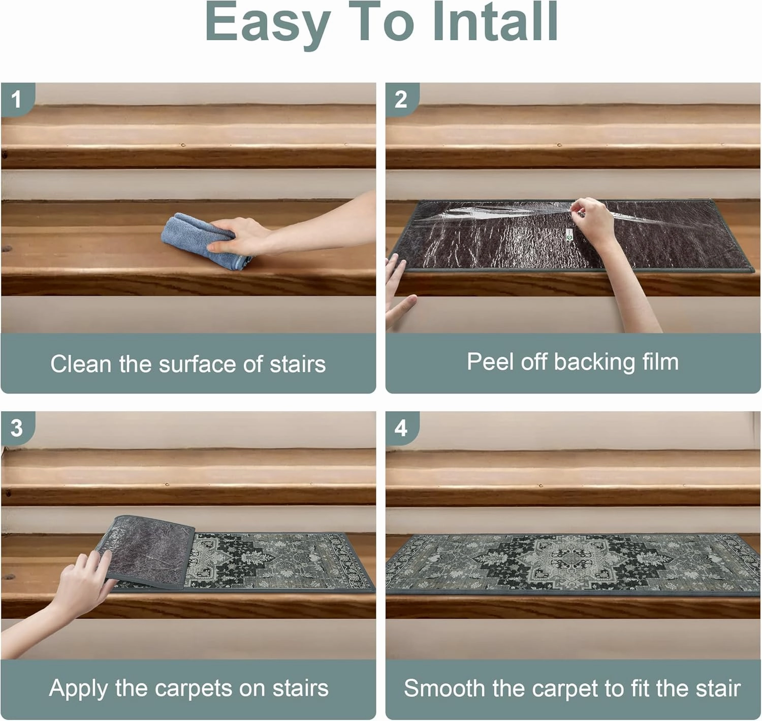 Carpet Stair Treads Non Slip 15PCS, 8" X 30"Edging Stair Runner for Wooden Steps Indoor, Resistant Stair Rugs with Reusable TPE Adhesive Backing, Residue Free Mat for Elders, Pets, Black&Olive