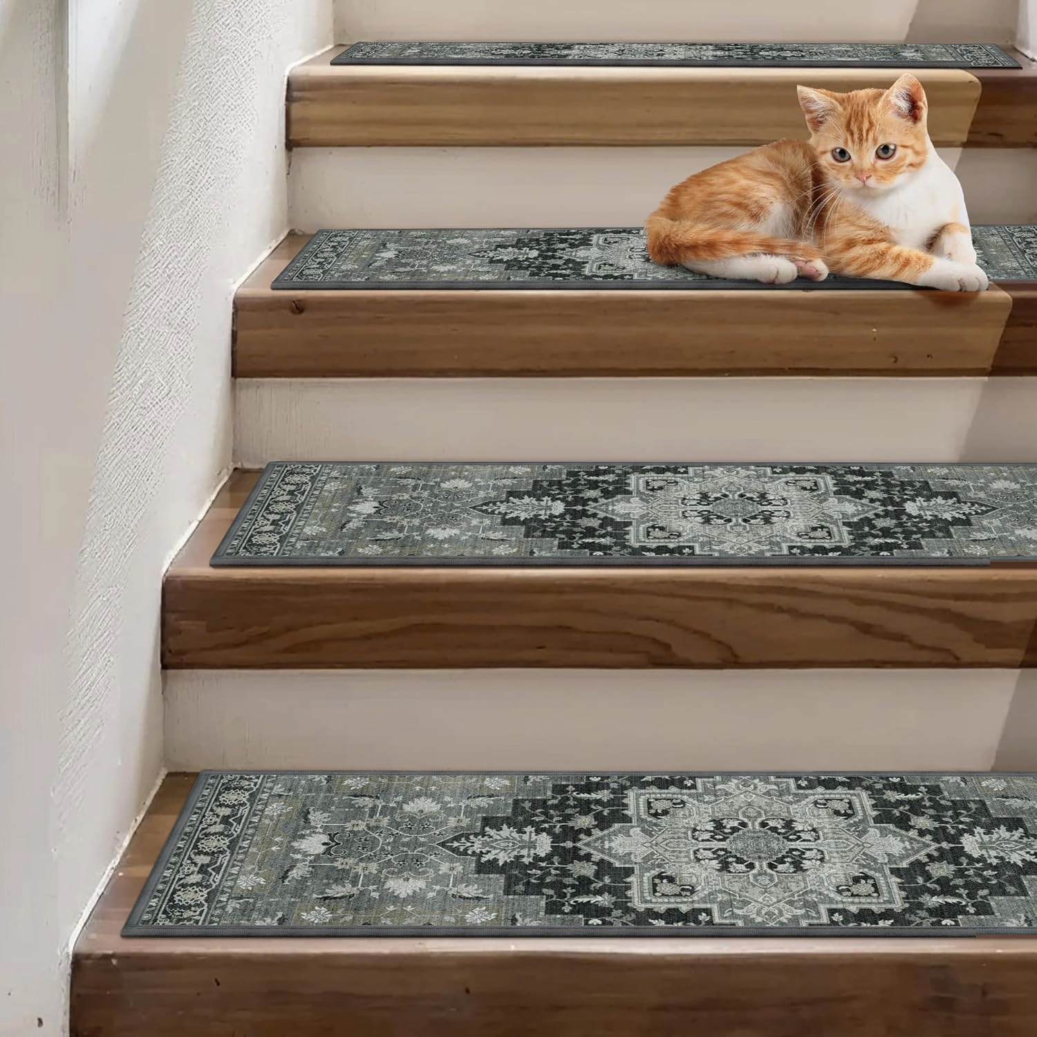 Carpet Stair Treads Non Slip 15PCS, 8" X 30"Edging Stair Runner for Wooden Steps Indoor, Resistant Stair Rugs with Reusable TPE Adhesive Backing, Residue Free Mat for Elders, Pets, Black&Olive