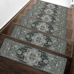 Carpet Stair Treads Non Slip 15PCS, 8" X 30"Edging Stair Runner for Wooden Steps Indoor, Resistant Stair Rugs with Reusable TPE Adhesive Backing, Residue Free Mat for Elders, Pets, Black&Olive