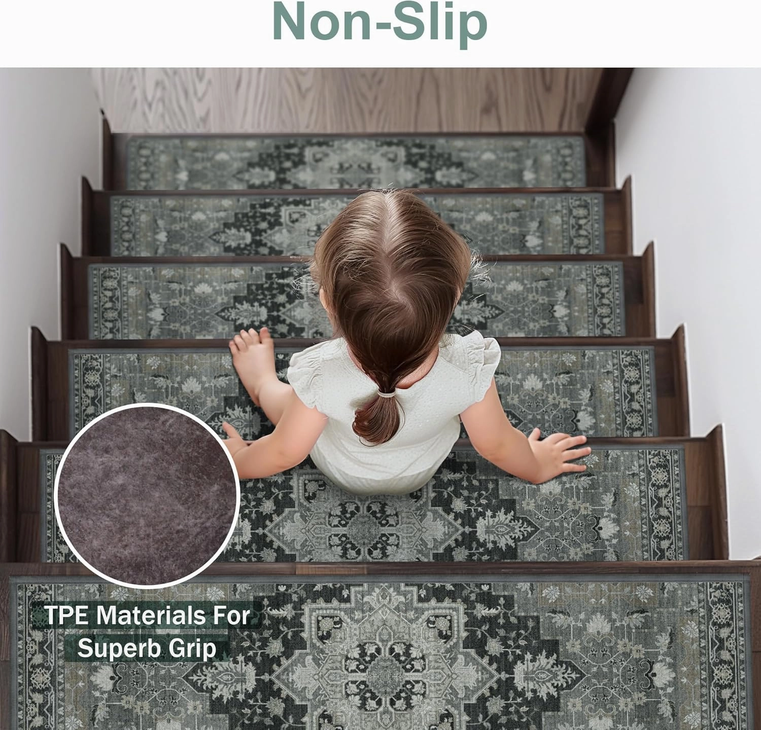 Carpet Stair Treads Non Slip 15PCS, 8" X 30"Edging Stair Runner for Wooden Steps Indoor, Resistant Stair Rugs with Reusable TPE Adhesive Backing, Residue Free Mat for Elders, Pets, Black&Olive