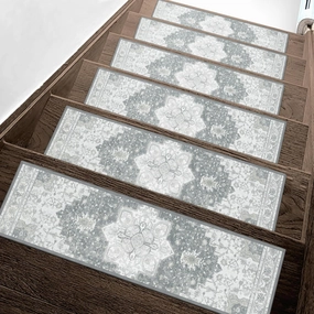 Carpet Stair Treads Non Slip 15PCS, 8" X 30" Edging Stair Runner for Wooden Steps Indoor, Resistant Stair Rugs with Reusable TPE Adhesive Backing, Residue Free Mat for Kids, Elders, Pets, Grey