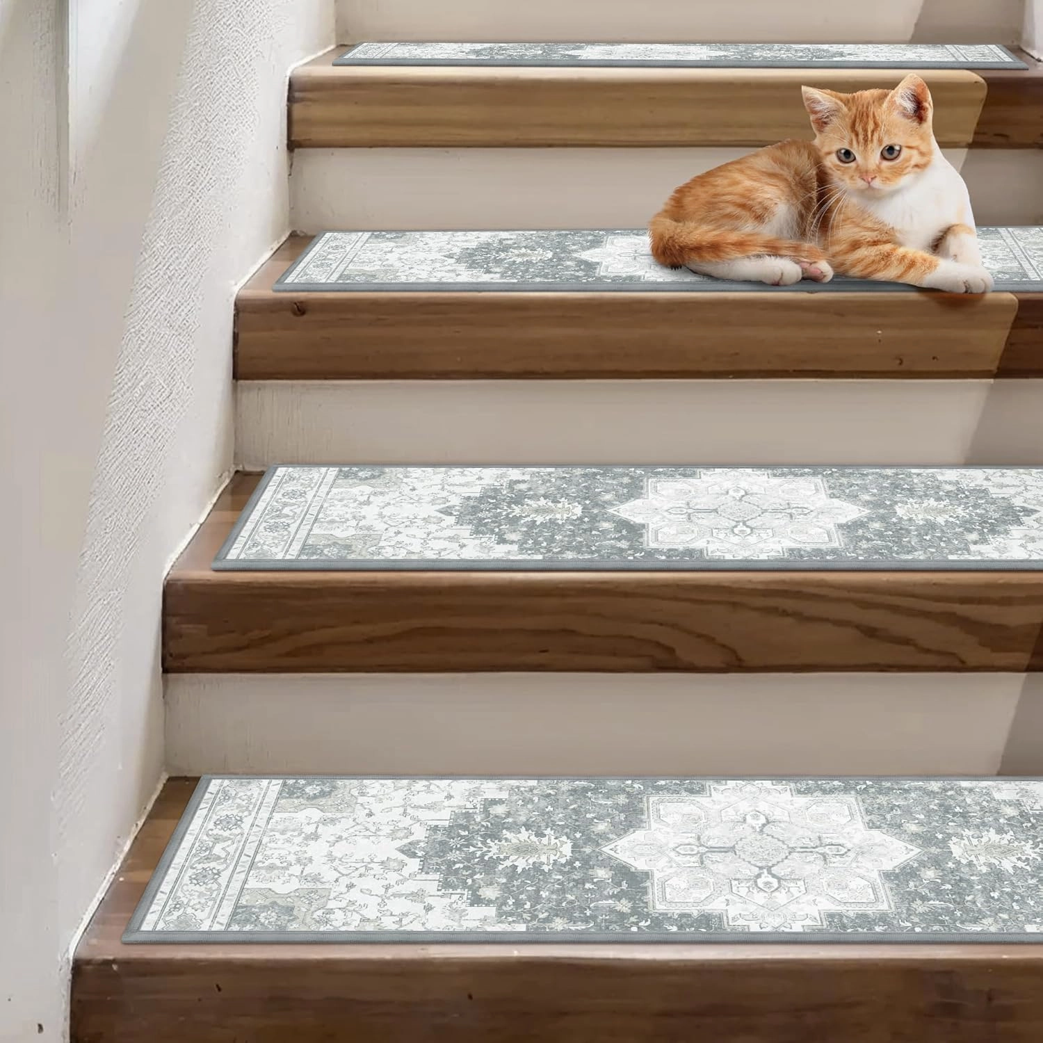 Carpet Stair Treads Non Slip 15PCS, 8" X 30" Edging Stair Runner for Wooden Steps Indoor, Resistant Stair Rugs with Reusable TPE Adhesive Backing, Residue Free Mat for Kids, Elders, Pets, Grey