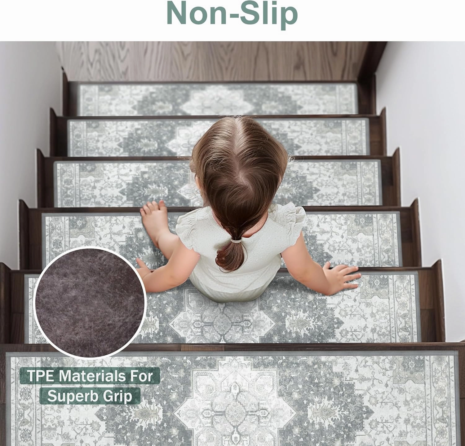 Carpet Stair Treads Non Slip 15PCS, 8" X 30" Edging Stair Runner for Wooden Steps Indoor, Resistant Stair Rugs with Reusable TPE Adhesive Backing, Residue Free Mat for Kids, Elders, Pets, Grey