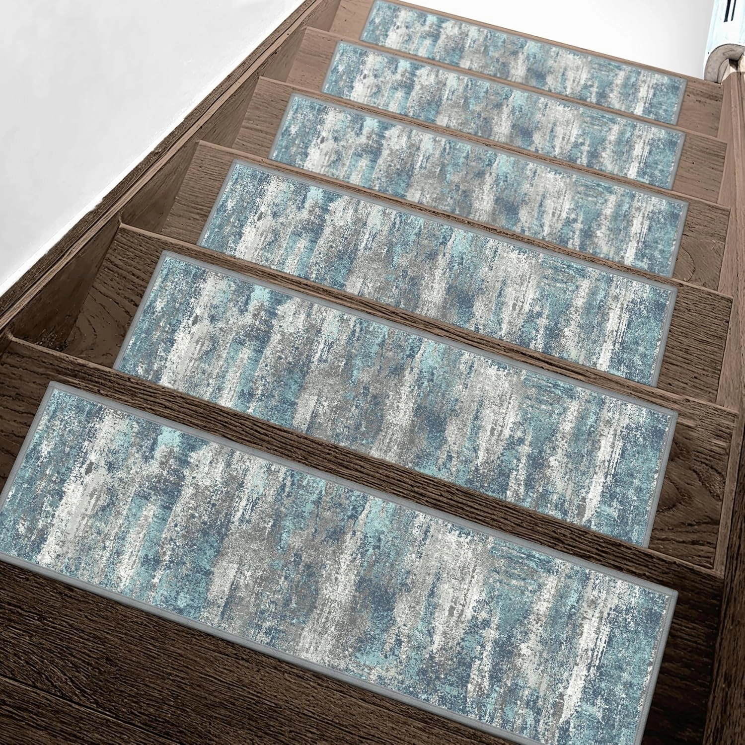 Carpet Stair Treads Non Slip 15PCS, 8" X 30" Edging Stair Runner for Wooden Steps Indoor, Resistant Stair Rugs with Reusable TPE Adhesive Backing, Residue Free Mat for Kids, Elders, Pets, Teal