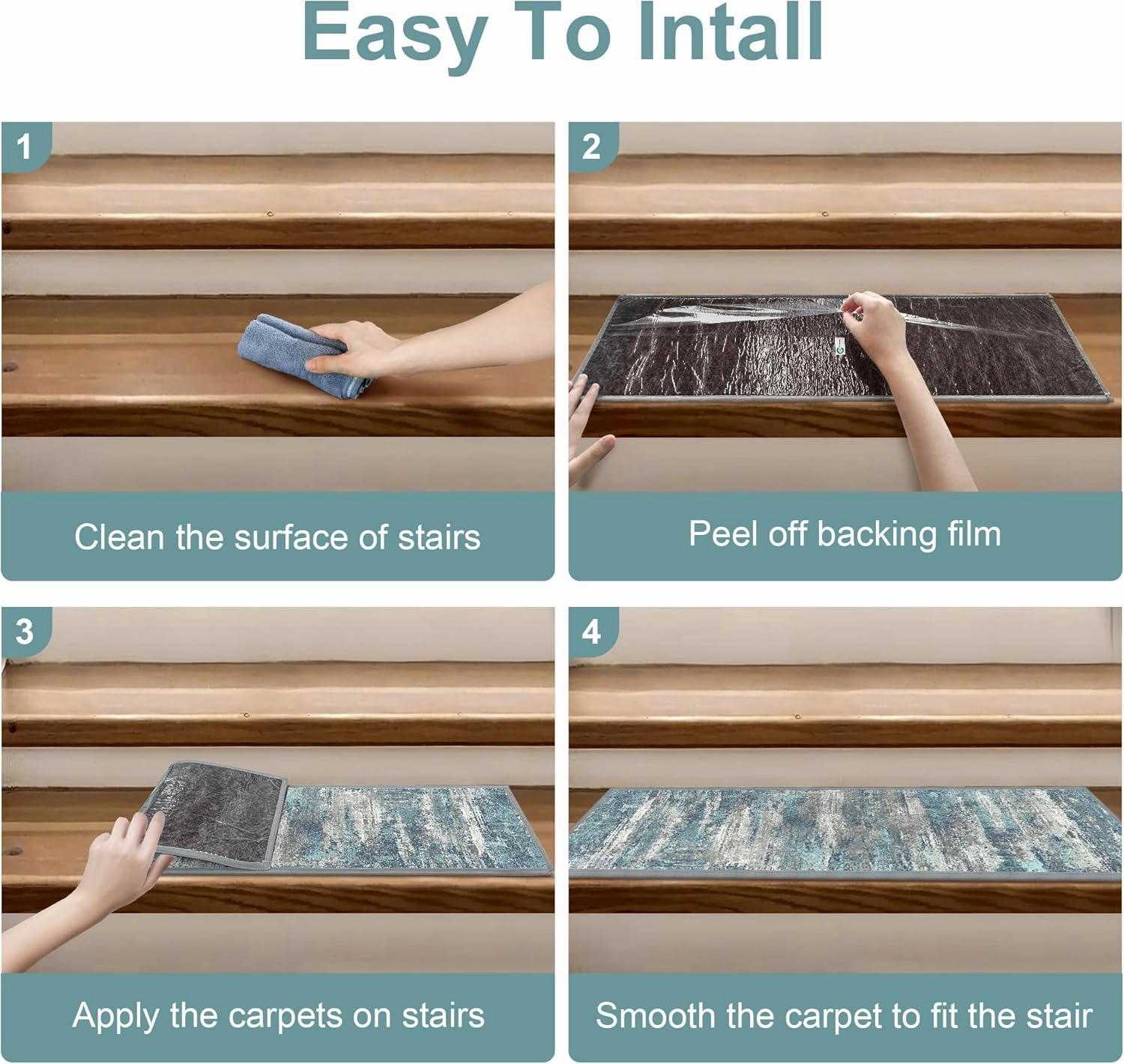 Carpet Stair Treads Non Slip 15PCS, 8" X 30" Edging Stair Runner for Wooden Steps Indoor, Resistant Stair Rugs with Reusable TPE Adhesive Backing, Residue Free Mat for Kids, Elders, Pets, Teal