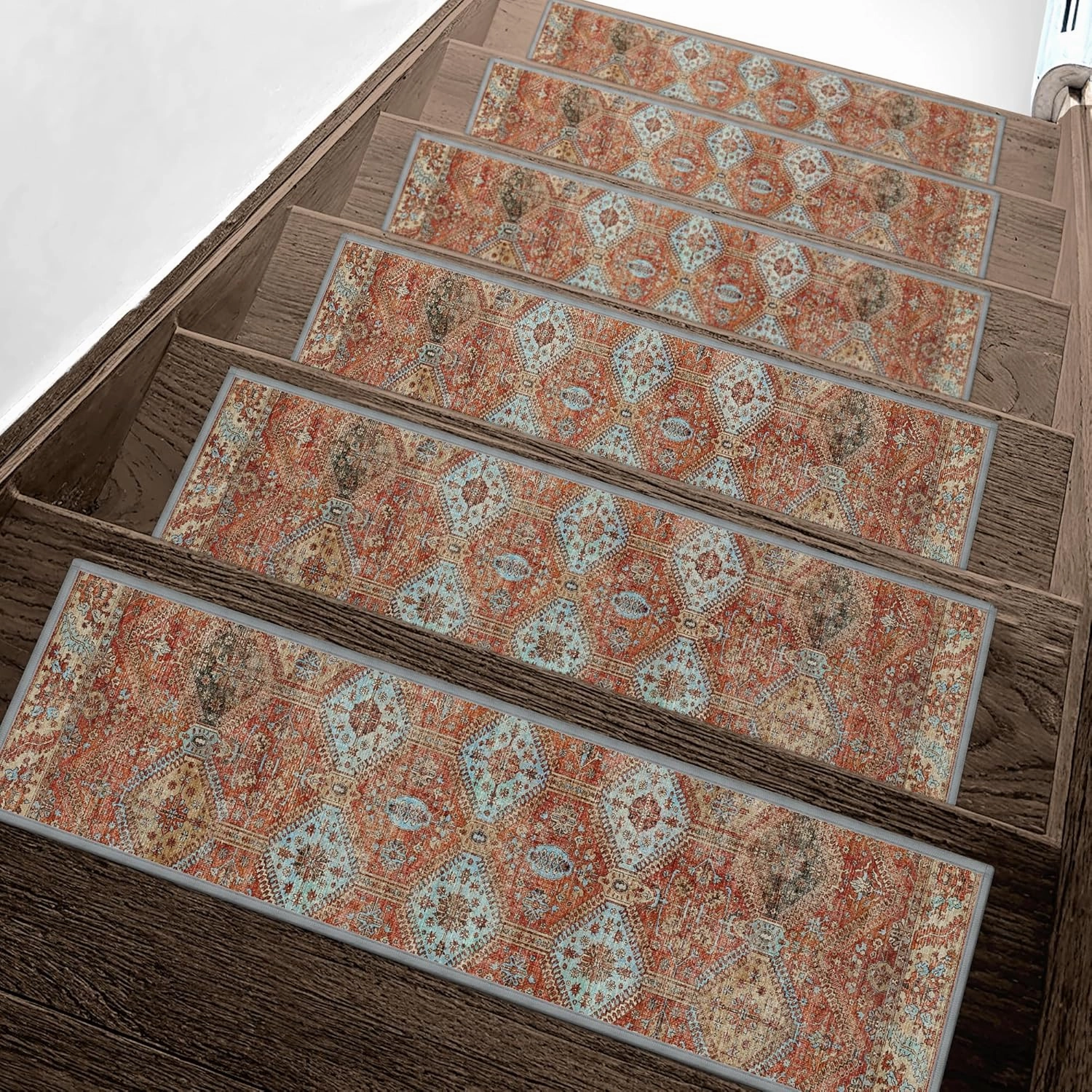Carpet Stair Treads Non Slip 15PCS, 8" X 30" Edging Stair Runner for Wooden Steps Indoor, Resistant Stair Rugs with Reusable TPE Adhesive Backing, Residue Free Safety Mat for Kids, Elders, Rust