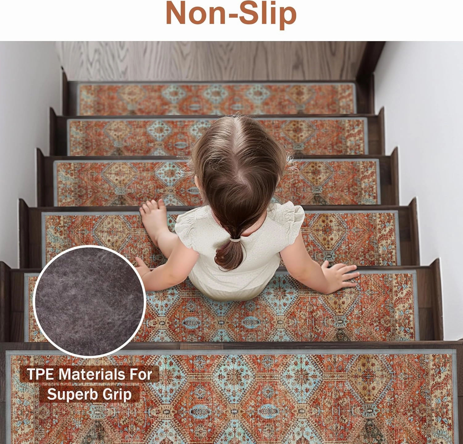 Carpet Stair Treads Non Slip 15PCS, 8" X 30" Edging Stair Runner for Wooden Steps Indoor, Resistant Stair Rugs with Reusable TPE Adhesive Backing, Residue Free Safety Mat for Kids, Elders, Rust