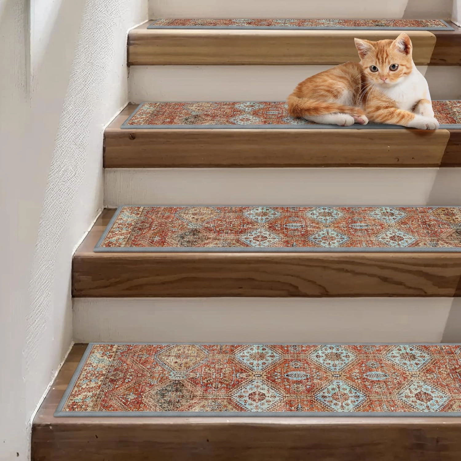 Carpet Stair Treads Non Slip 15PCS, 8" X 30" Edging Stair Runner for Wooden Steps Indoor, Resistant Stair Rugs with Reusable TPE Adhesive Backing, Residue Free Safety Mat for Kids, Elders, Rust