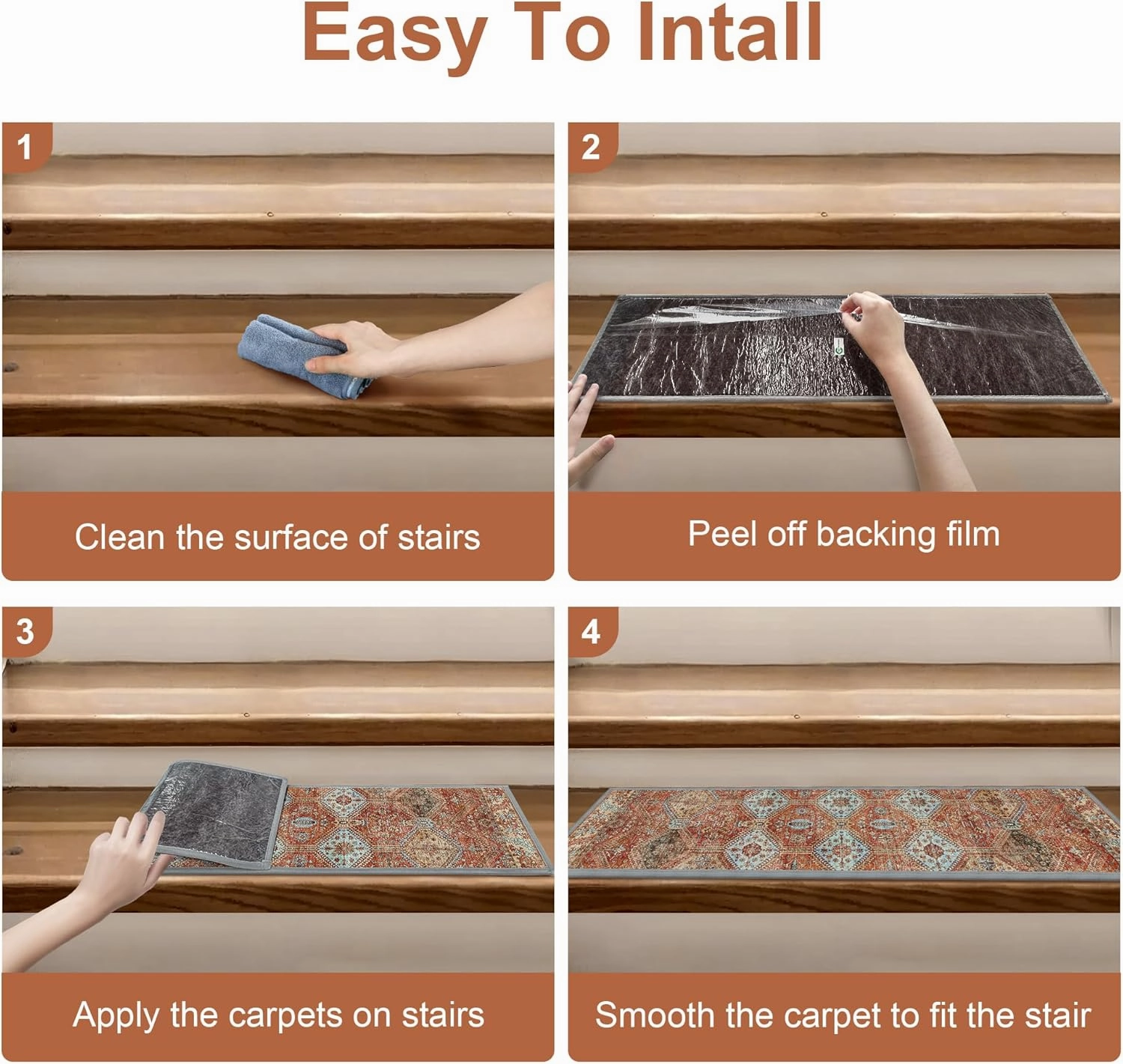 Carpet Stair Treads Non Slip 15PCS, 8" X 30" Edging Stair Runner for Wooden Steps Indoor, Resistant Stair Rugs with Reusable TPE Adhesive Backing, Residue Free Safety Mat for Kids, Elders, Rust