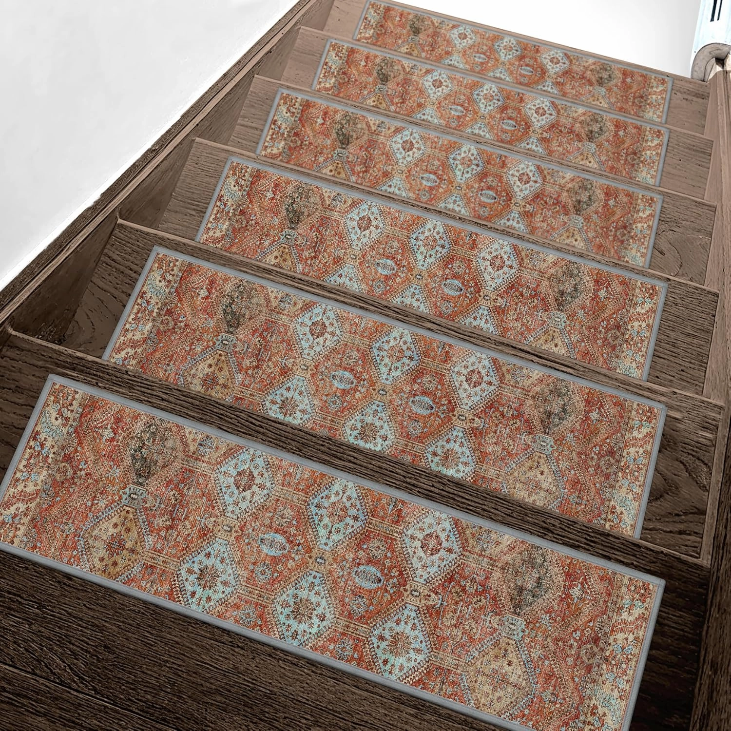 Carpet Stair Treads Non Slip 15PCS, 8" X 30" Edging Stair Runner for Wooden Steps Indoor, Resistant Stair Rugs with Reusable TPE Adhesive Backing, Residue Free Safety Mat for Kids, Elders, Rust