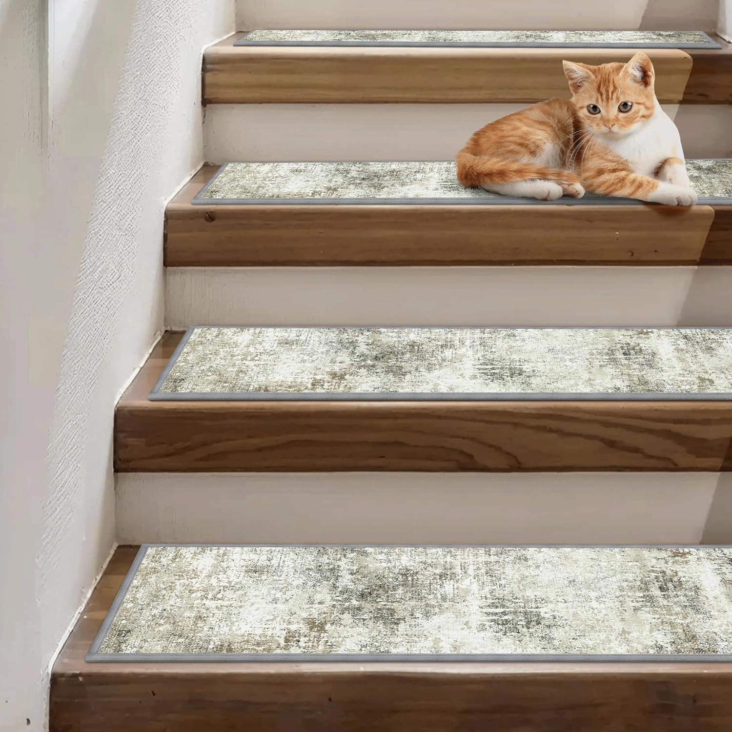 Carpet Stair Treads Non Slip 15PCS, 8" X 30" Edging Stair Runner for Wooden Steps Indoor, Resistant Stair Rugs with Reusable TPE Adhesive Backing, Residue Mat for Elders, Pets, Ashstone/Grey